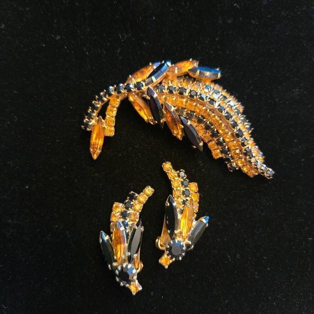 Vintage Rhinestone Brooch Pin & Earrings Set Black and Orange